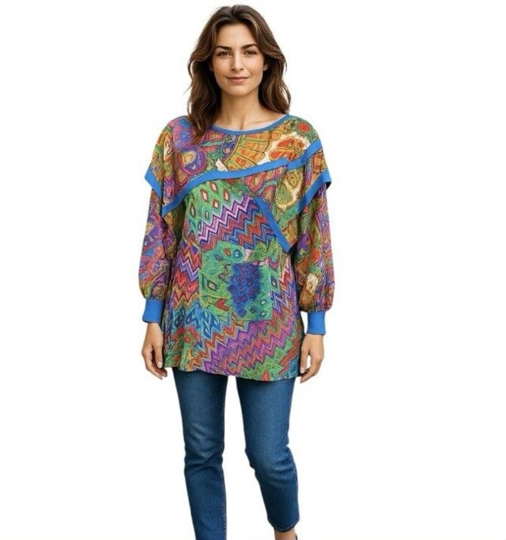 Vtg 80's Diane Freis Tunic Top Womens Artsy Georgette Colorful Large Long Sleeve